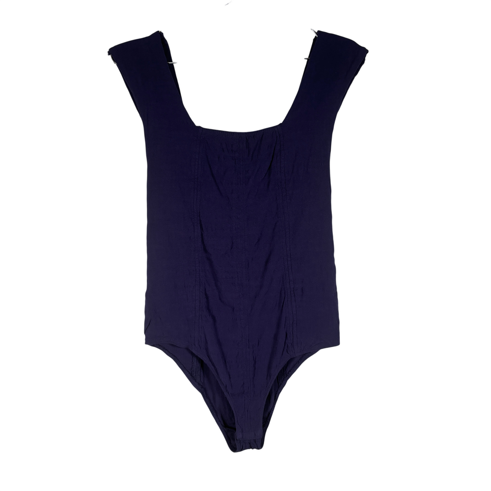 Free People Navy bodysuit with wide straps, square neckline, corset seaming, lac